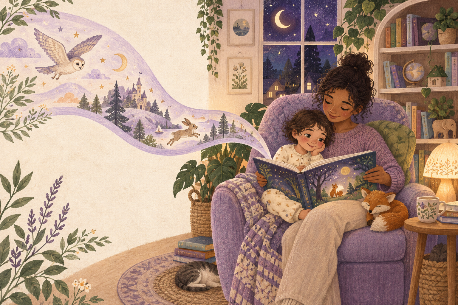 Illustration of a family reading together at home